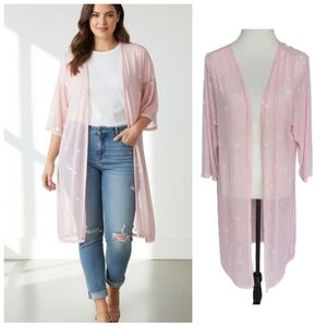 Plus size sheer pink kimono topper with white stars women's plus size 1X